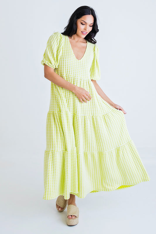 Yellow Check Gingham Jacquard Tiered Dress