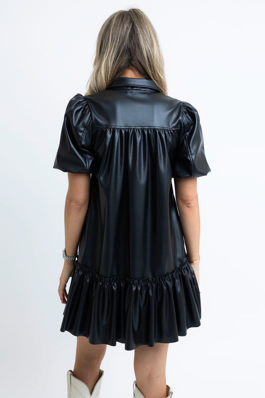 Black Puff Sleeve Pleather Dress