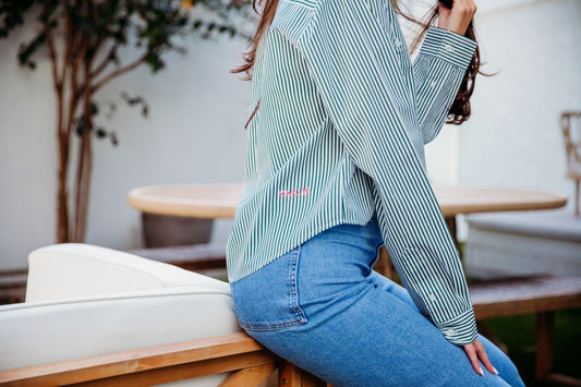 Dark Green Stripe "Karlie Emb" Top