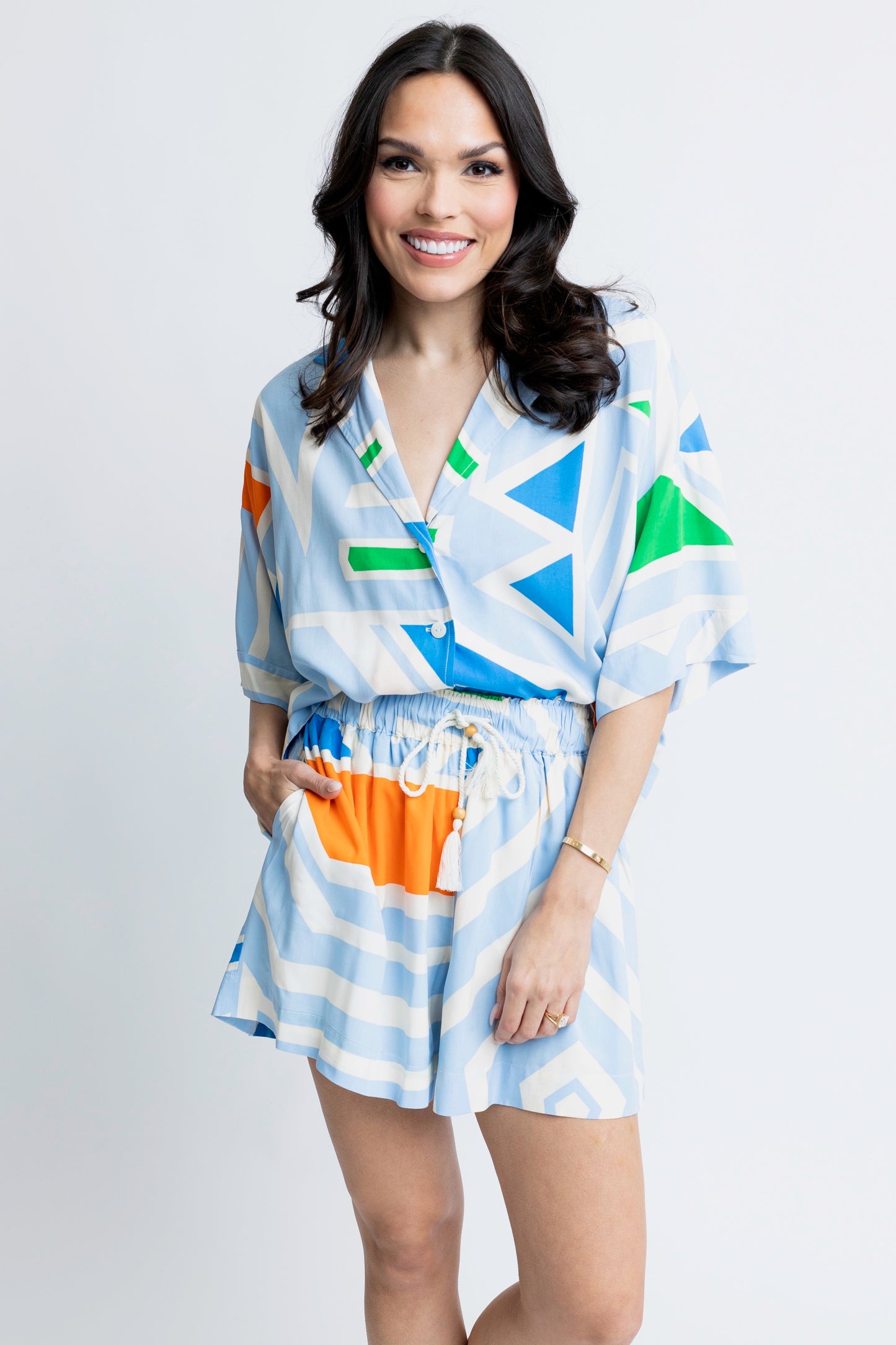 blue geometric button up top