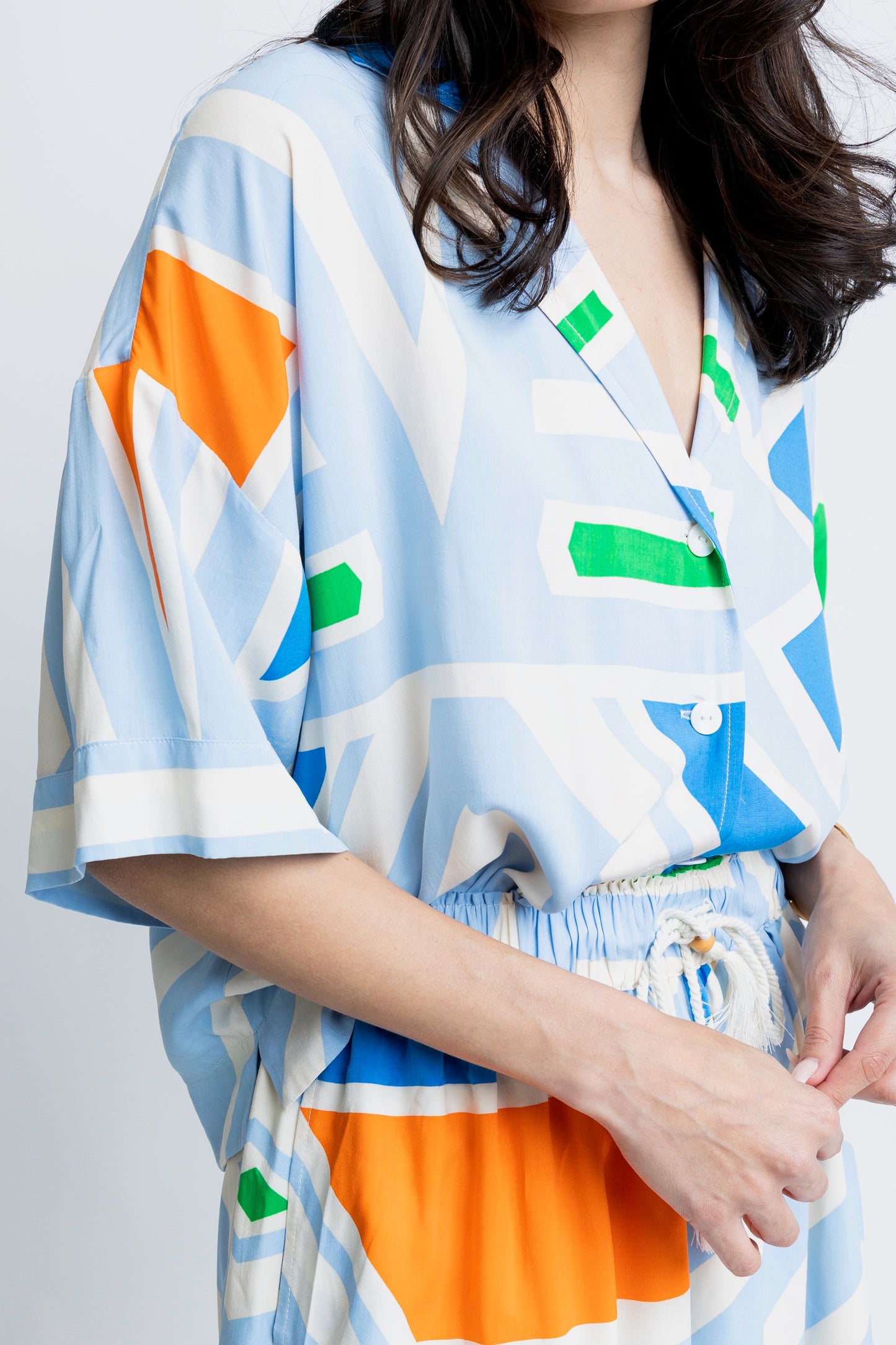 Blue Geometric Button-Up Top