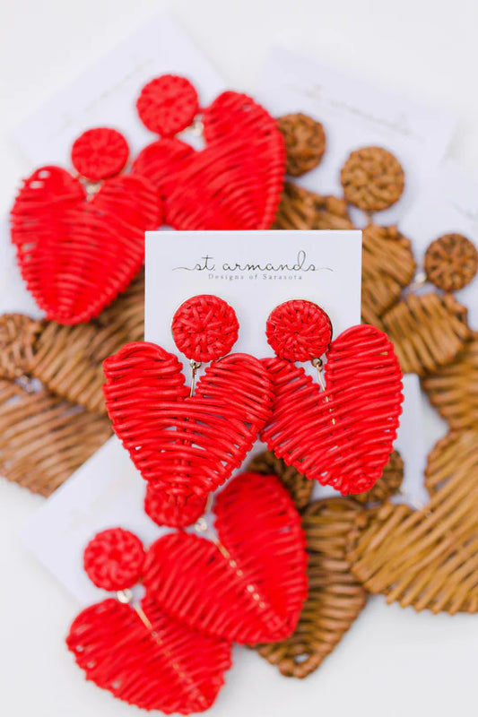 Red Rattan Hearts Earrings